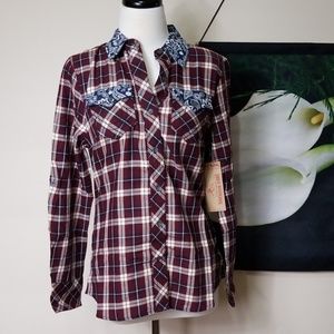 NWT True Religion Plaid Paisley Long Sleeve Top